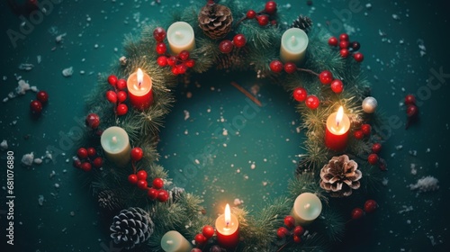  a christmas wreath with lit candles surrounded by pine cones, berries, and pine cones on a green background with snow flecks and pine cones around the wreath.