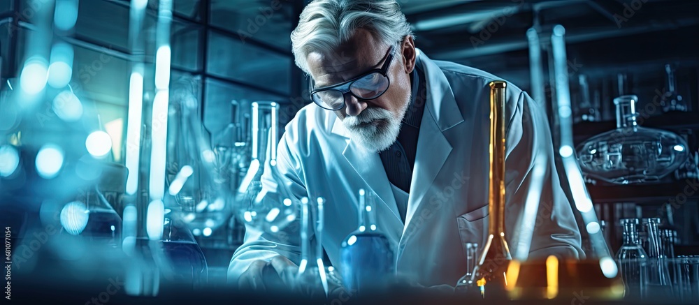 Scientist conducting research with laboratory equipment and analyzing liquid samples in test tubes Copy space image Place for adding text or design Scientist conducting research with laboratory equipment and analyzing liquid samples in test tubes Copy space image Place for adding text or design
