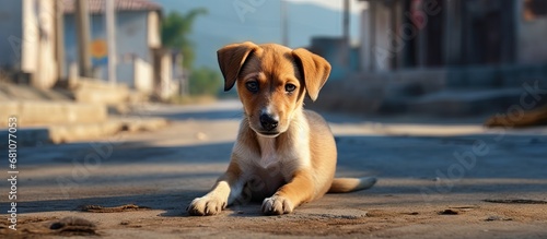 Fototapeta Naklejka Na Ścianę i Meble -  Outdoor animal Street dog posing for a portrait Copy space image Place for adding text or design