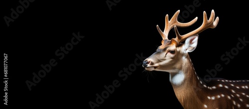 Side view of a male fallow deer on black background looking right Copy space image Place for adding text or design © Ilgun