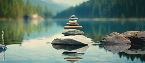 Photographing the serene balance of water stone and zen tower in a stable meditation background Copy space image Place for adding text or design