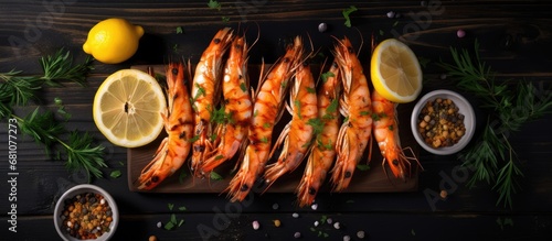 Seafood from above grilled shrimp or prawns with lemon garlic and sauce Copy space image Place for adding text or design