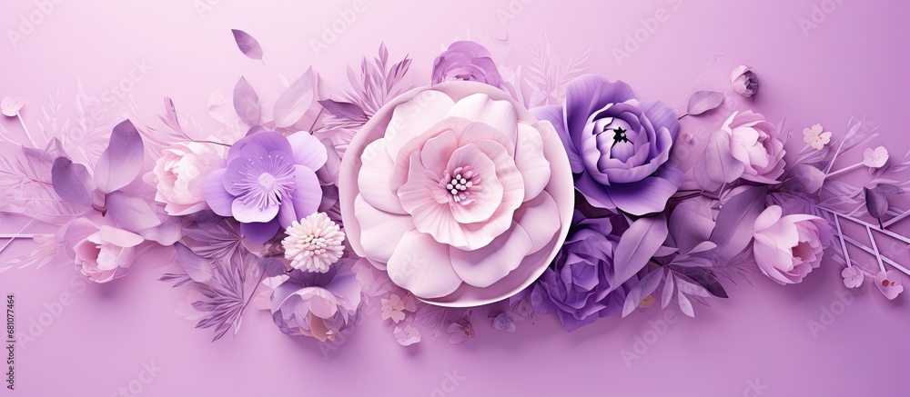Purple and white lettering and symbol for Women s Rights and International Peace on a floral pink background for greeting card social media poster Copy space image Place for adding text or desi Purple and white lettering and symbol for Women s Rights and International Peace on a floral pink background for greeting card social media poster Copy space image Place for adding text or desi