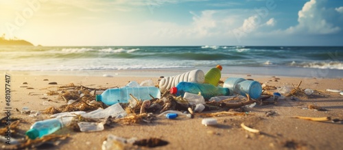 Plastic pollution and its effects on the environment including marine life and humans are caused by the addiction to single use plastic Copy space image Place for adding text or design photo