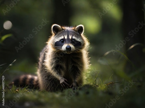 Wild raccoon in the dark forest. Generated with AI