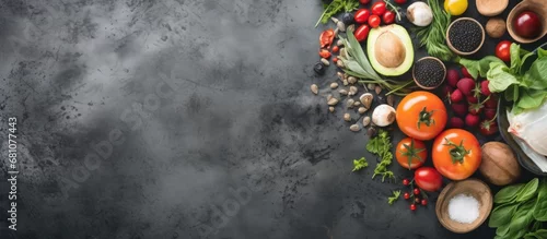 Panel kuchenny z motywem Organic ingredients for a healthy balanced diet on a stone table with copy space Copy space image Place for adding text or design
