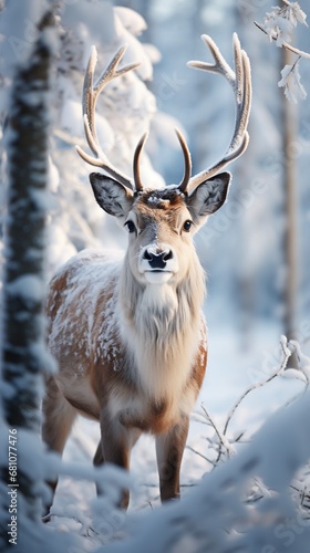 A beautiful , majestic deer in a winter forest , the view is directly generative . A vertical image of a deer in the snow. 