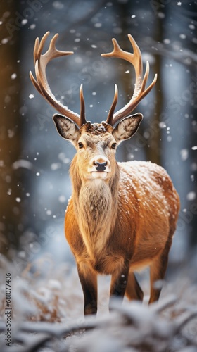 A beautiful , majestic deer in a winter snow- covered forest , the view is directly generative . A vertical image of a deer in the snow. 