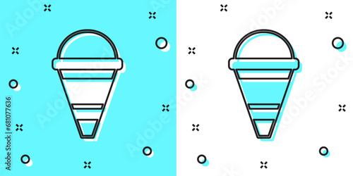 Black line Fire cone bucket icon isolated on green and white background. Metal cone bucket empty or with water for fire fighting. Random dynamic shapes. Vector