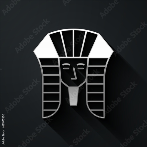 Silver Egyptian pharaoh icon isolated on black background. Long shadow style. Vector