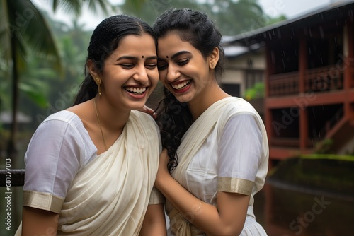 Two Sisters Embracing the Rain in Traditional Kerala Attire generative ai