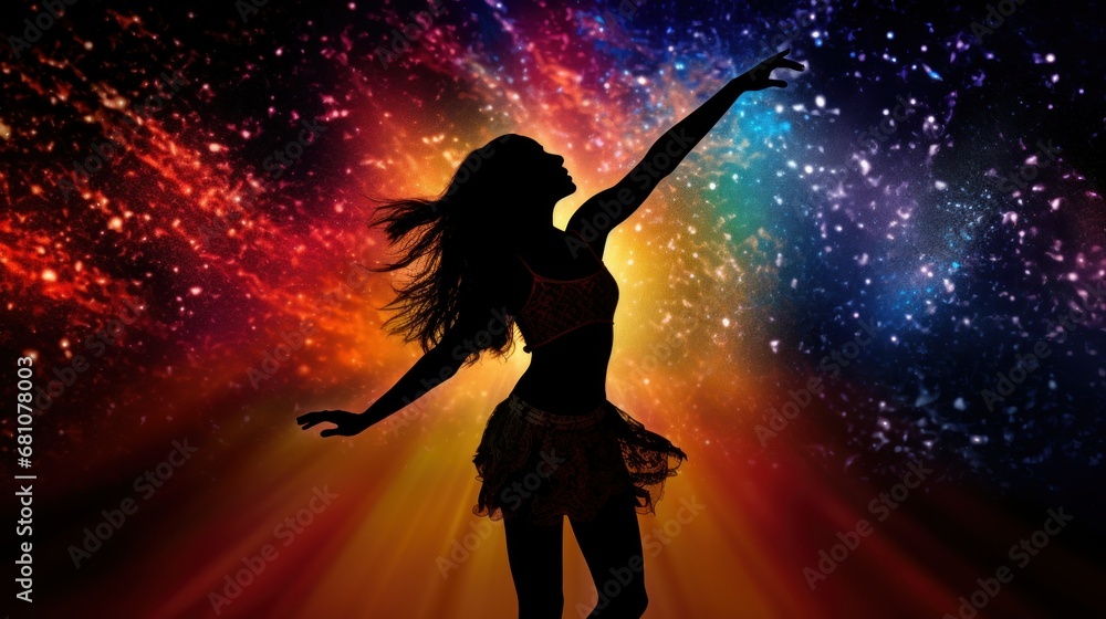Mindfulness dance. A dancer silhouette on colorful cosmic explosion of colors, embodying the liberating essence of Dancing Mindfulness, where movement and meditation become one. Mindfulness dance. A dancer silhouette on colorful cosmic explosion of colors, embodying the liberating essence of Dancing Mindfulness, where movement and meditation become one.