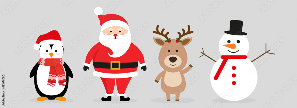 Collection of Christmas Santa Claus, Deer, Penguin and Snowman. Vector Illustration in Cartoon Style