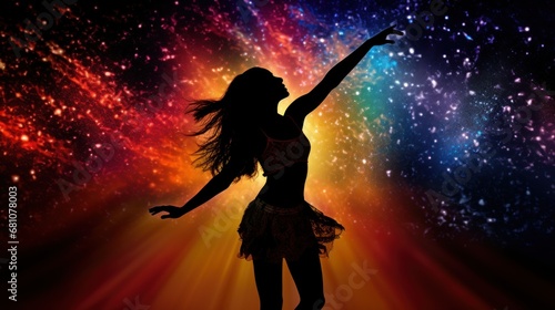 Mindfulness dance. A dancer silhouette on colorful cosmic explosion of colors, embodying the liberating essence of Dancing Mindfulness, where movement and meditation become one.