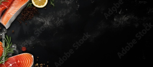 Sketch of salmon fish steak seasoned with lemon pepper sea salt and dill on a black board Copy space image Place for adding text or design photo