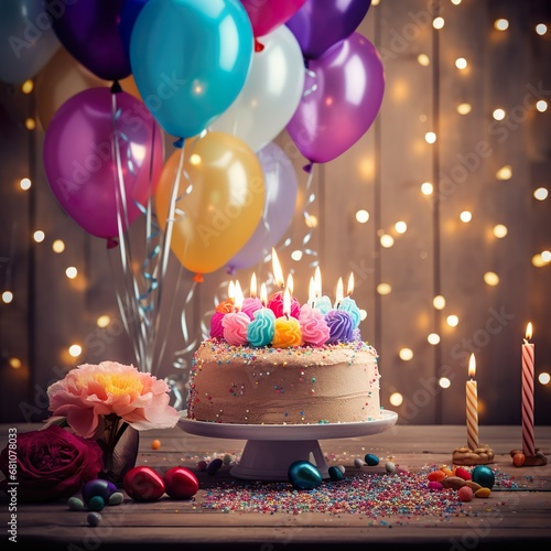 Ein Hintergrund mit einer bunten Geburtstagstorte und Luftballons