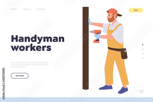 Handyman workers online service order landing page with professional carpenter repairing door