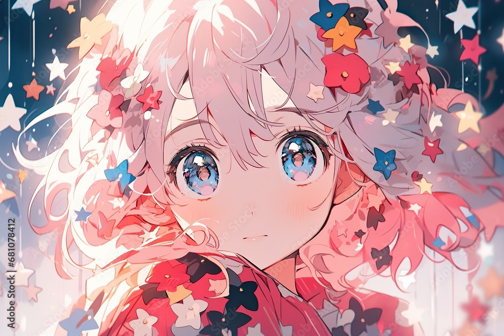 beautiful anime girl with dark pink hairs, little stars and flowers in background, illustration