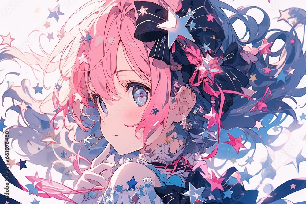 Obraz premium beautiful anime girl with magenta hairs, little stars and flowers in background, illustration