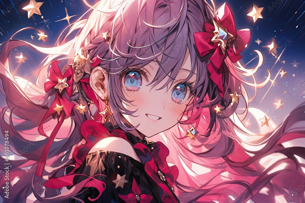 beautiful anime girl with magenta hairs, little stars and flowers in background, illustration beautiful anime girl with magenta hairs, little stars and flowers in background, illustration