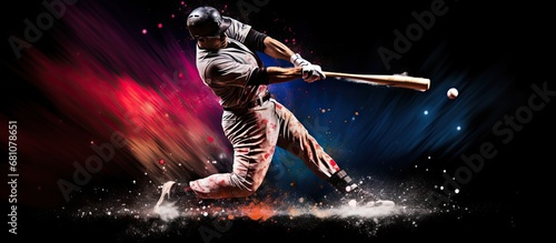 Silhouette of baseball player hitting ball on black backdrop Copy space image Place for adding text or design photo