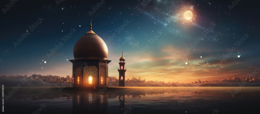 Ramadan moon sighting photo against backdrop Copy space image Place for adding text or design