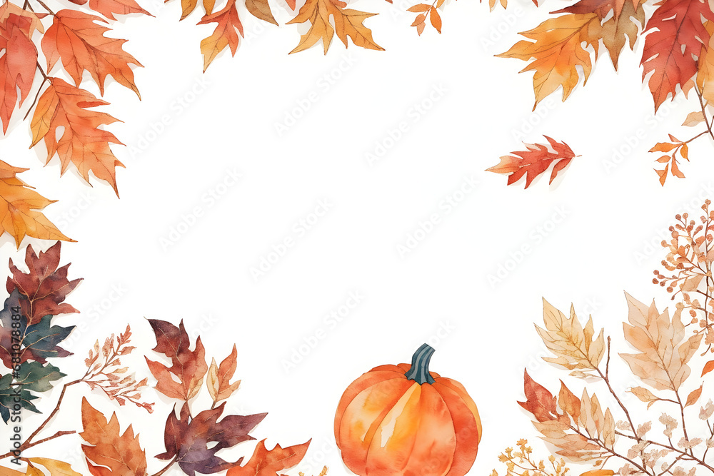 Fototapeta premium Autumn Leaves Frame with Pumpkins: A colorful illustration capturing the essence of fall, featuring vibrant leaves framing pumpkins against an autumn backdrop