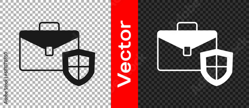 Black Briefcase with shield icon isolated on transparent background. Insurance concept. Security, safety, protection, protect concept. Vector
