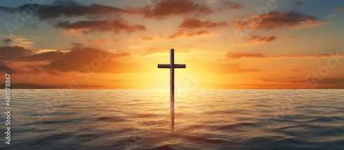 Religious symbol over sea representing salvation Copy space image Place for adding text or design photo
