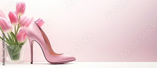 Pink high heel shoe with tulips inside isolated on white background symbolizing love and female empowerment Copy space image Place for adding text or design