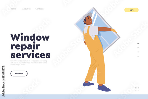 Window repair service online landing page template with professional handyman cartoon character