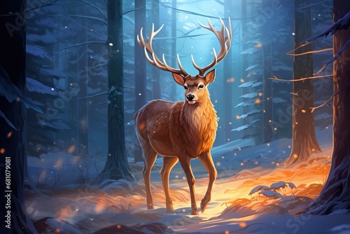 Young red deer buck standing in the frosted grass on an early cold winter morning, England. Animals in winter. AI generated illustration