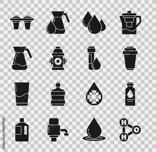 Set Chemical formula for H2O, Bottle of water, Water filter cartridge, drop, Fire hydrant, Jug glass with, and Test tube icon. Vector