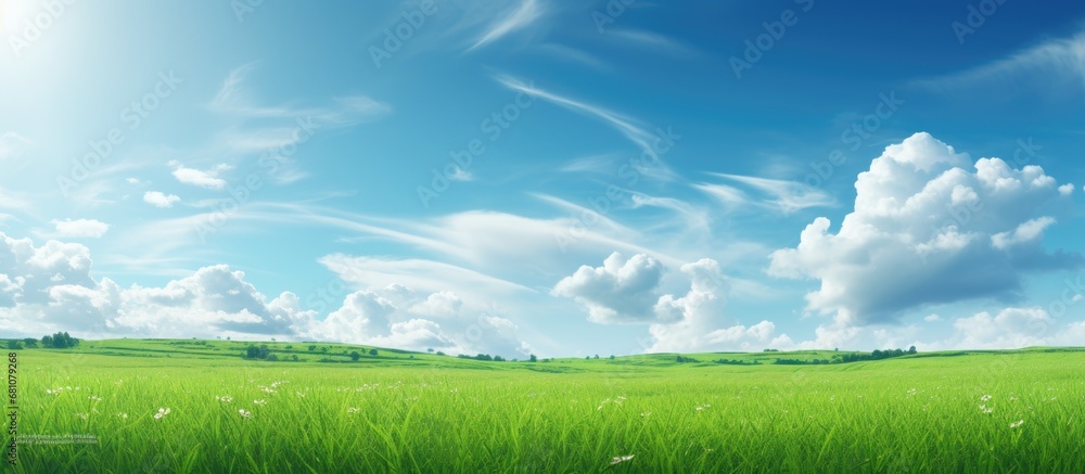 Picturesque spring landscape with a wide field and green grass Copy space image Place for adding text or design