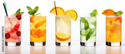 Refreshing summer cocktails featuring fruit mint ice citrus lemonade and fresh orange and mango showcased in a wine glass on a white background within a restaurant menu Copy space image Place f photo