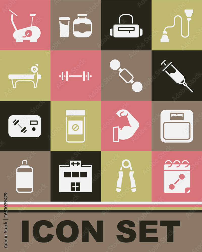 Set Calendar fitness, Bathroom scales, Doping syringe, Sport bag, Barbell, Bench with barbel, Stationary bicycle and Dumbbell icon. Vector Set Calendar fitness, Bathroom scales, Doping syringe, Sport bag, Barbell, Bench with barbel, Stationary bicycle and Dumbbell icon. Vector