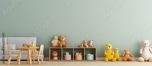 Scandinavian playroom design with wooden cabinet armchairs plush and wooden toys Stylish and cute childroom decor Eucalyptus walls Space for text Copy space image Place for adding text or desig photo