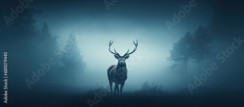 Red deer stag silhouette in mist Copy space image Place for adding text or design photo