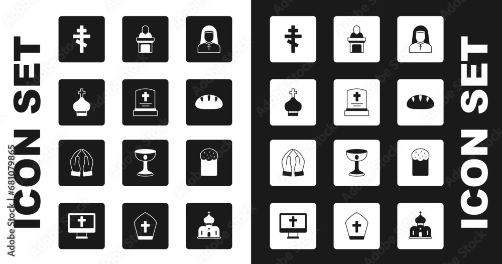 Set Nun, Grave with tombstone, Christian church tower, cross, bread, Church pastor preaching, Easter cake and Hands praying position icon. Vector Set Nun, Grave with tombstone, Christian church tower, cross, bread, Church pastor preaching, Easter cake and Hands praying position icon. Vector