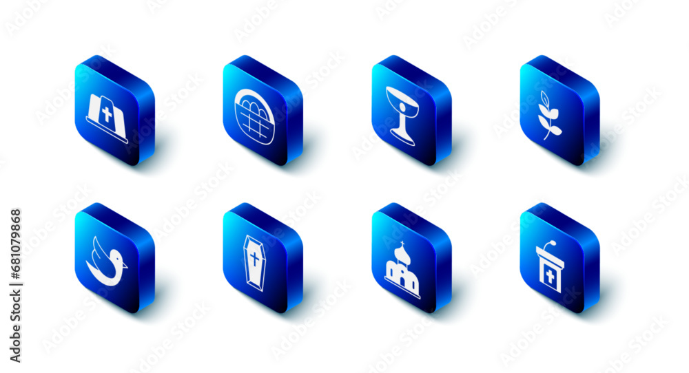 Set Basket with easter eggs, Christian chalice, Willow leaf, Church sermon tribune, building, Coffin, Dove and Pope hat icon. Vector Set Basket with easter eggs, Christian chalice, Willow leaf, Church sermon tribune, building, Coffin, Dove and Pope hat icon. Vector