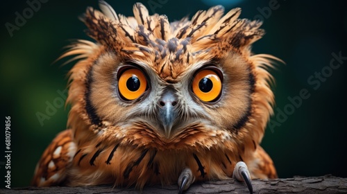  a close up of an owl's face on a tree branch with bright orange eyes and a dark background with a spot light shining in the center of the image. © Olga