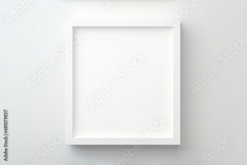 Empty white square photo frame on minimal light wall background with copy space. Mock up template advertisement concept