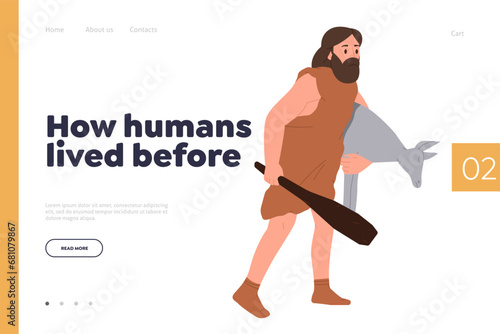 How humans lived before interesting information landing page template with caveman hunter design