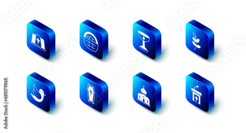 Set Basket with easter eggs, Christian chalice, Willow leaf, Church sermon tribune, building, Coffin, Dove and Pope hat icon. Vector
