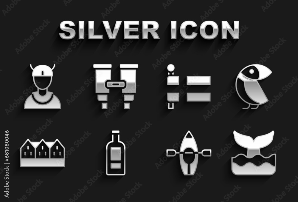 Set Bottle of vodka, Albatross, Whale tail, Kayak and paddle, Norwegian wooden house, Flag Iceland, Viking head and Binoculars icon. Vector Set Bottle of vodka, Albatross, Whale tail, Kayak and paddle, Norwegian wooden house, Flag Iceland, Viking head and Binoculars icon. Vector