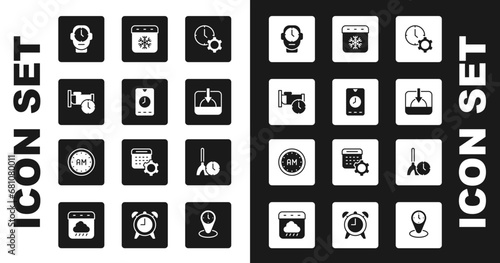 Set Time management, Alarm clock app mobile, to sleep, Clock, Sunset, Calendar winter, Cleaning time and Morning icon. Vector