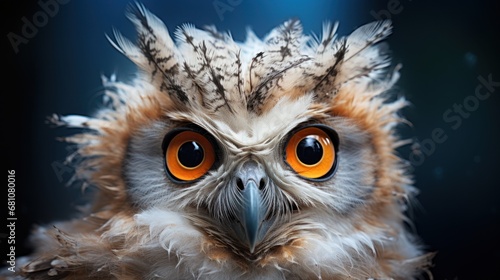  a close up of an owl's face with an orange and white eyeball in the center of the owl's head and an orange and black background.