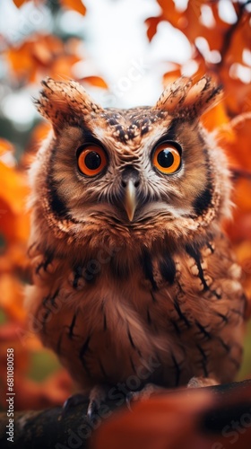  an owl is sitting on a branch in front of a tree with orange leaves in the foreground and a blurry sky in the background, with only one eye visible. © Olga