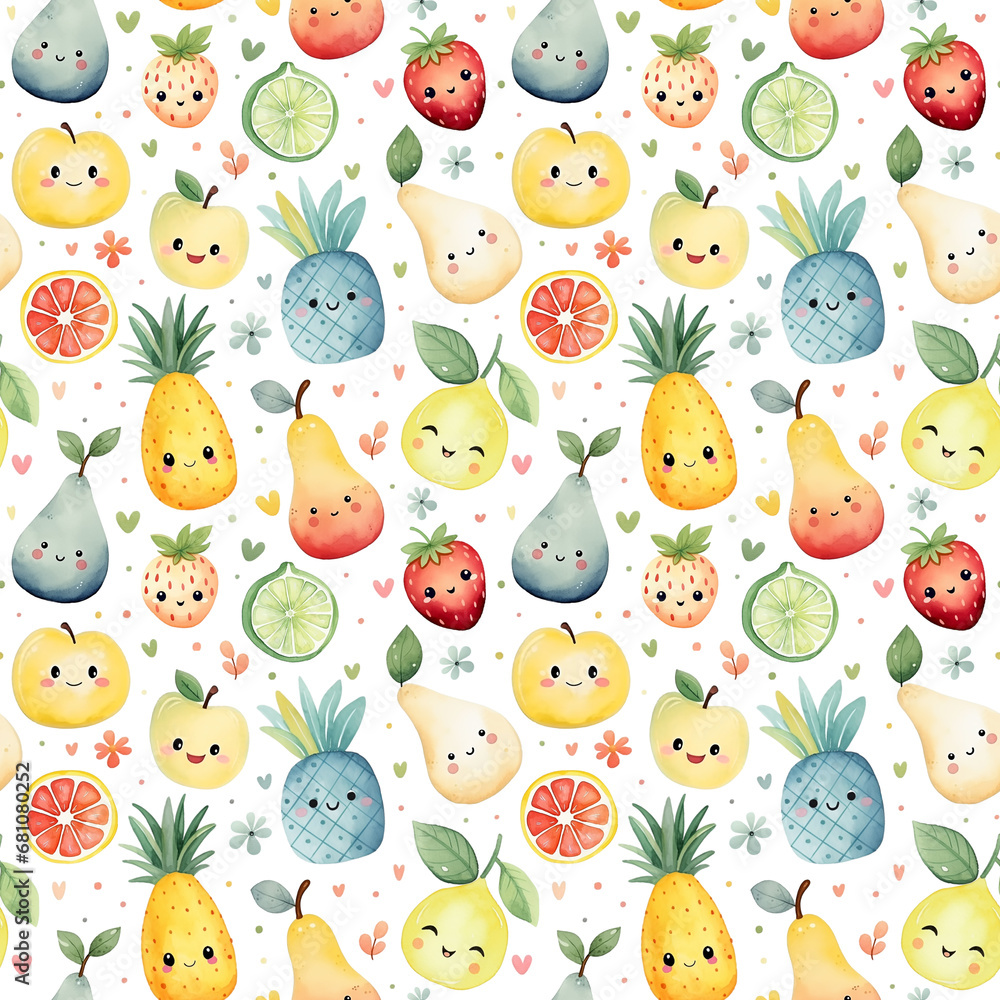 Fototapeta premium Watercolor seamless pattern with cute fruit characters isolated on white background.