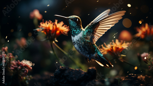 Colibrì con piume colorate e becco lungo vola vicino ai fiori nella foresta